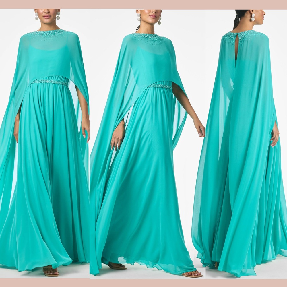 NWT $1095 Sachin & Babi [ 2 ] Lavinia‎ Beaded Gown with Cape in Turquoise #S1812